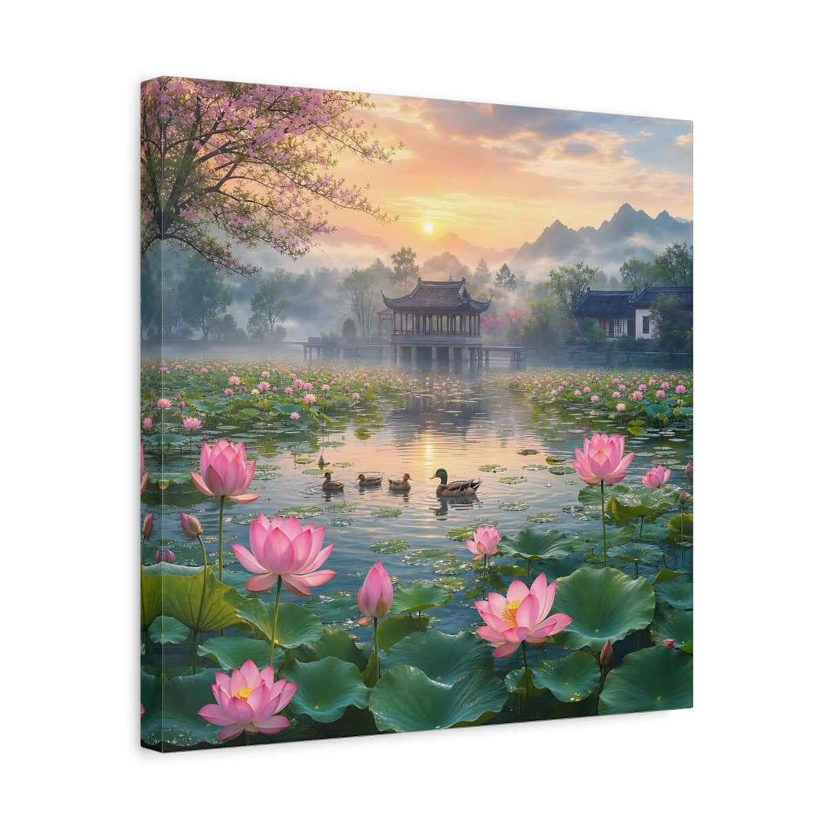 Side Mockup 6. Nature Lotus Pond Pink Lotus Pond shown as stretched canvas wall art