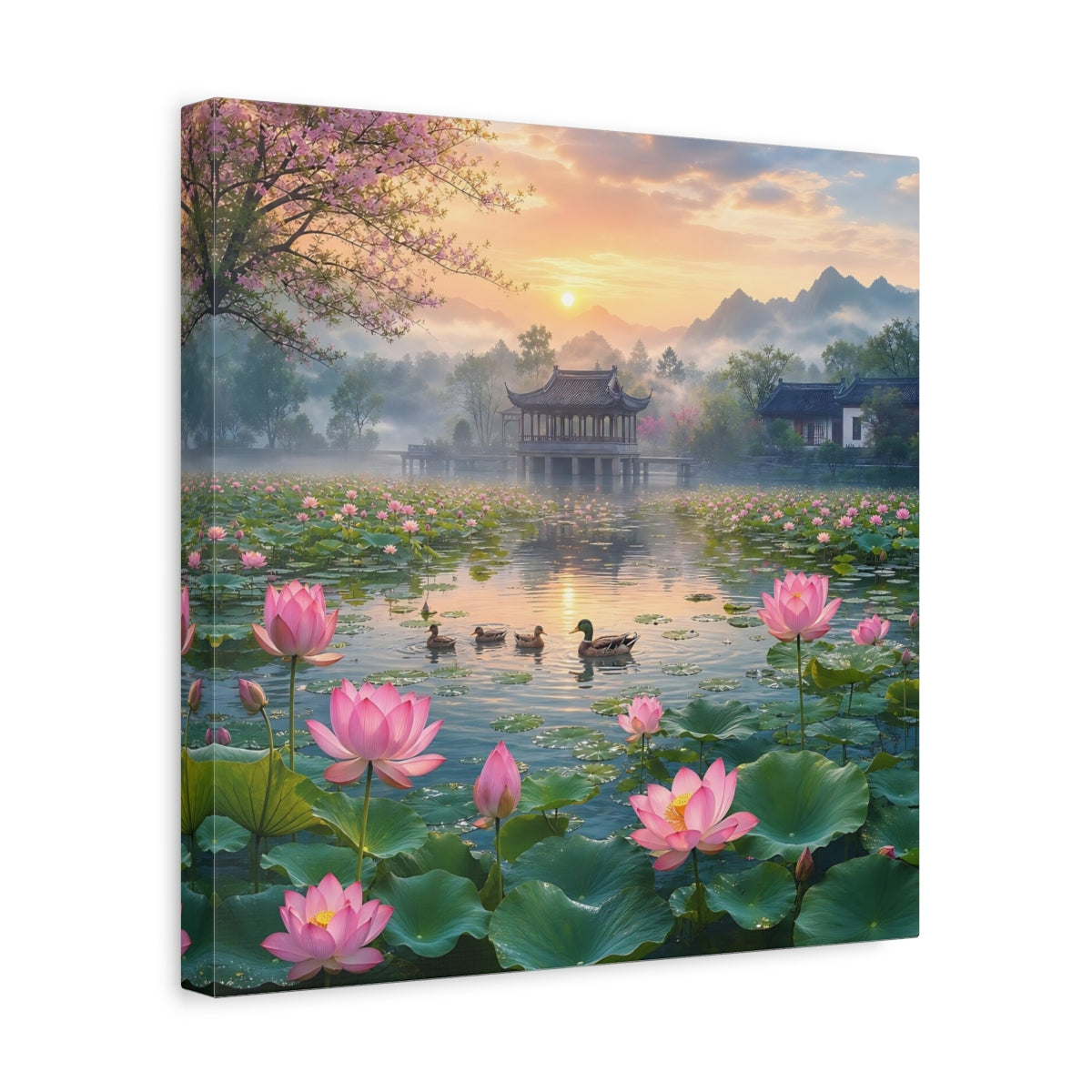 Side Mockup 7. Nature Lotus Pond Pink Lotus Pond shown as stretched canvas wall art