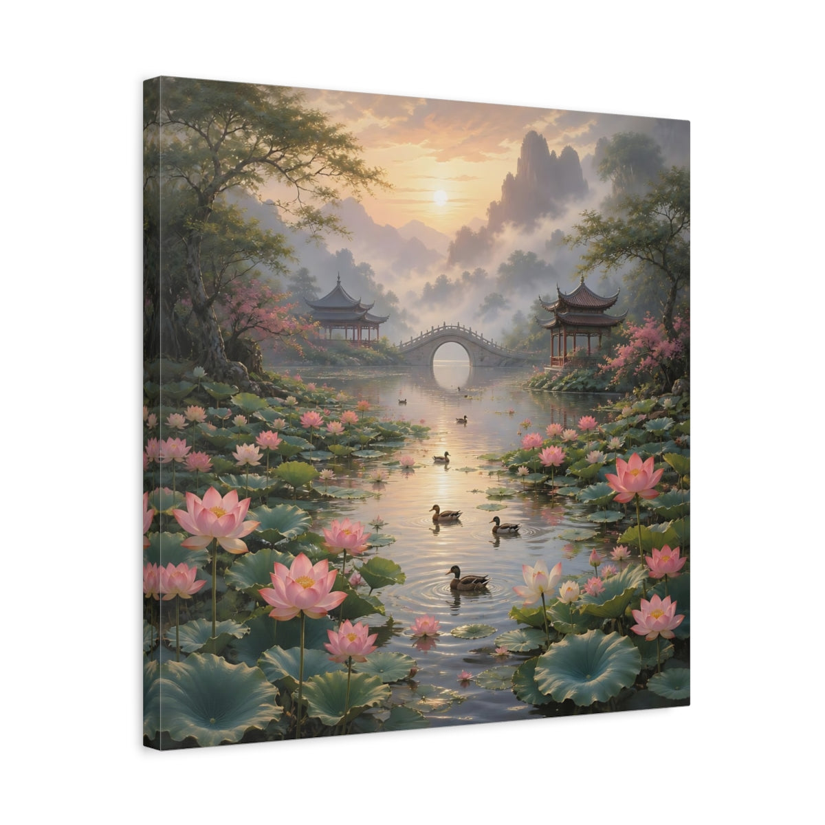 Side Mockup 5. Nature Lotus Pond Pink Lotus Landscape shown as stretched canvas wall art