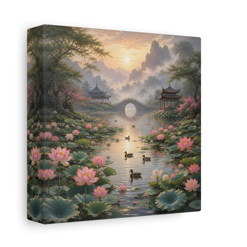 Side Mockup 2. Nature Lotus Pond Pink Lotus Landscape shown as stretched canvas wall art
