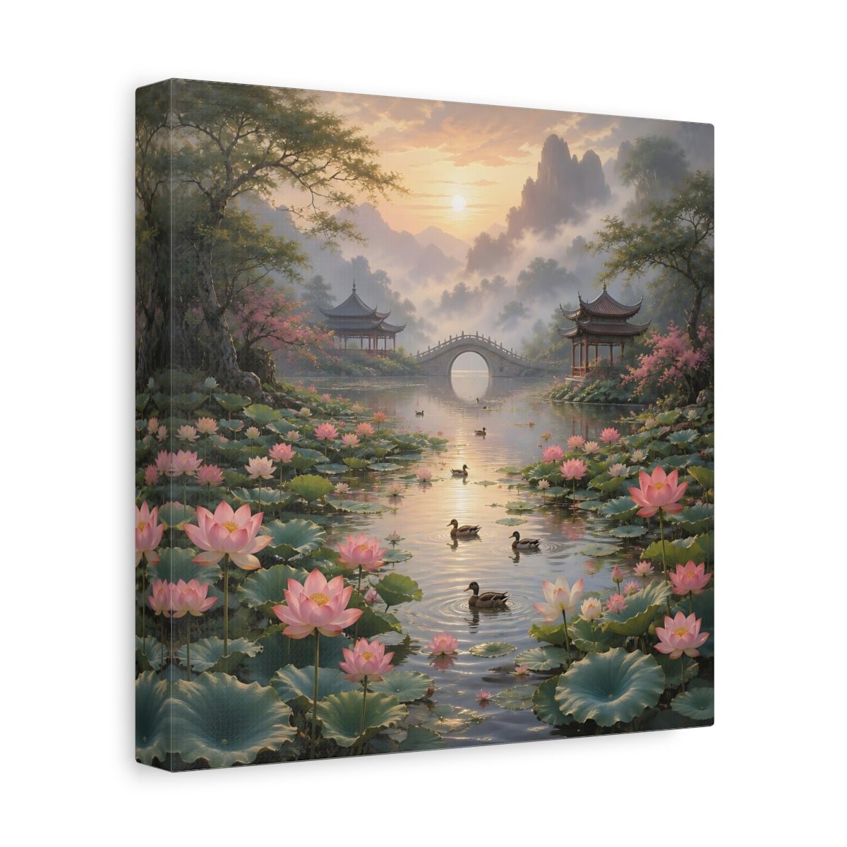 Side Mockup 9. Nature Lotus Pond Pink Lotus Landscape shown as stretched canvas wall art