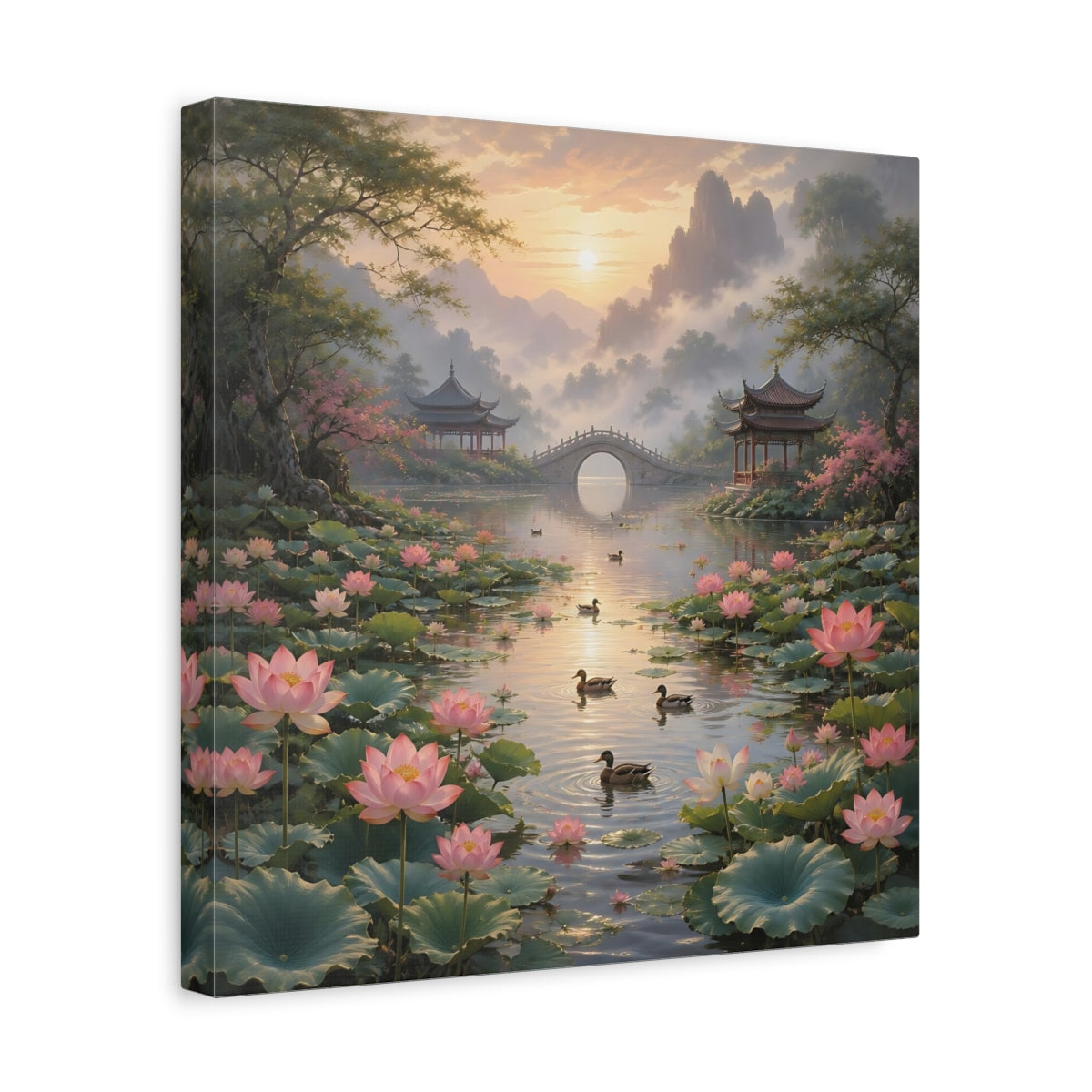 Side Mockup 7. Nature Lotus Pond Pink Lotus Landscape shown as stretched canvas wall art