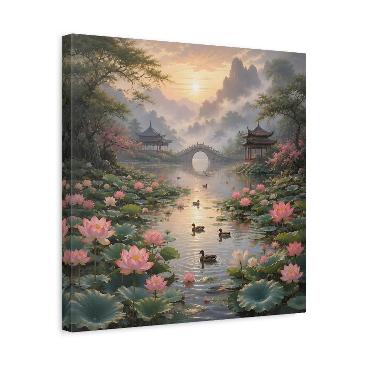 Side Mockup 6. Nature Lotus Pond Pink Lotus Landscape shown as stretched canvas wall art
