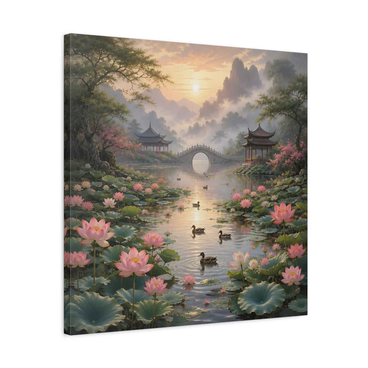 Side Mockup 4. Nature Lotus Pond Pink Lotus Landscape shown as stretched canvas wall art