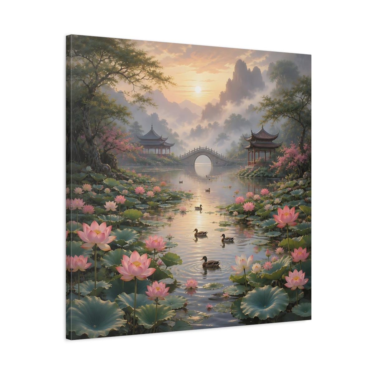 Side Mockup 3. Nature Lotus Pond Pink Lotus Landscape shown as stretched canvas wall art