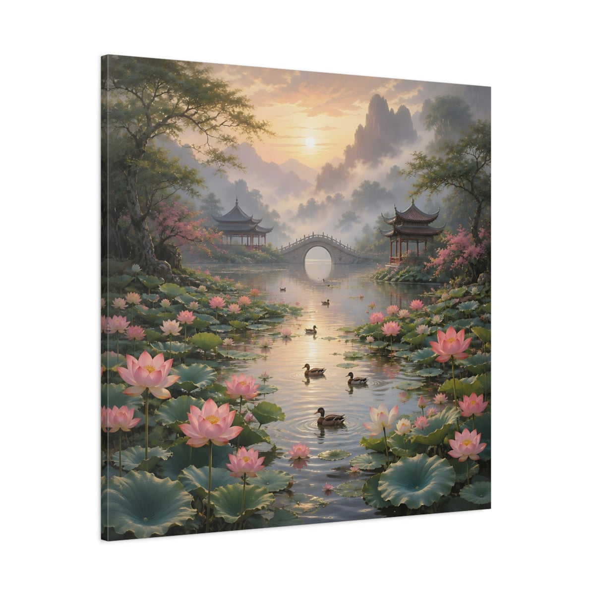 Side Mockup 1. Nature Lotus Pond Pink Lotus Landscape shown as stretched canvas wall art