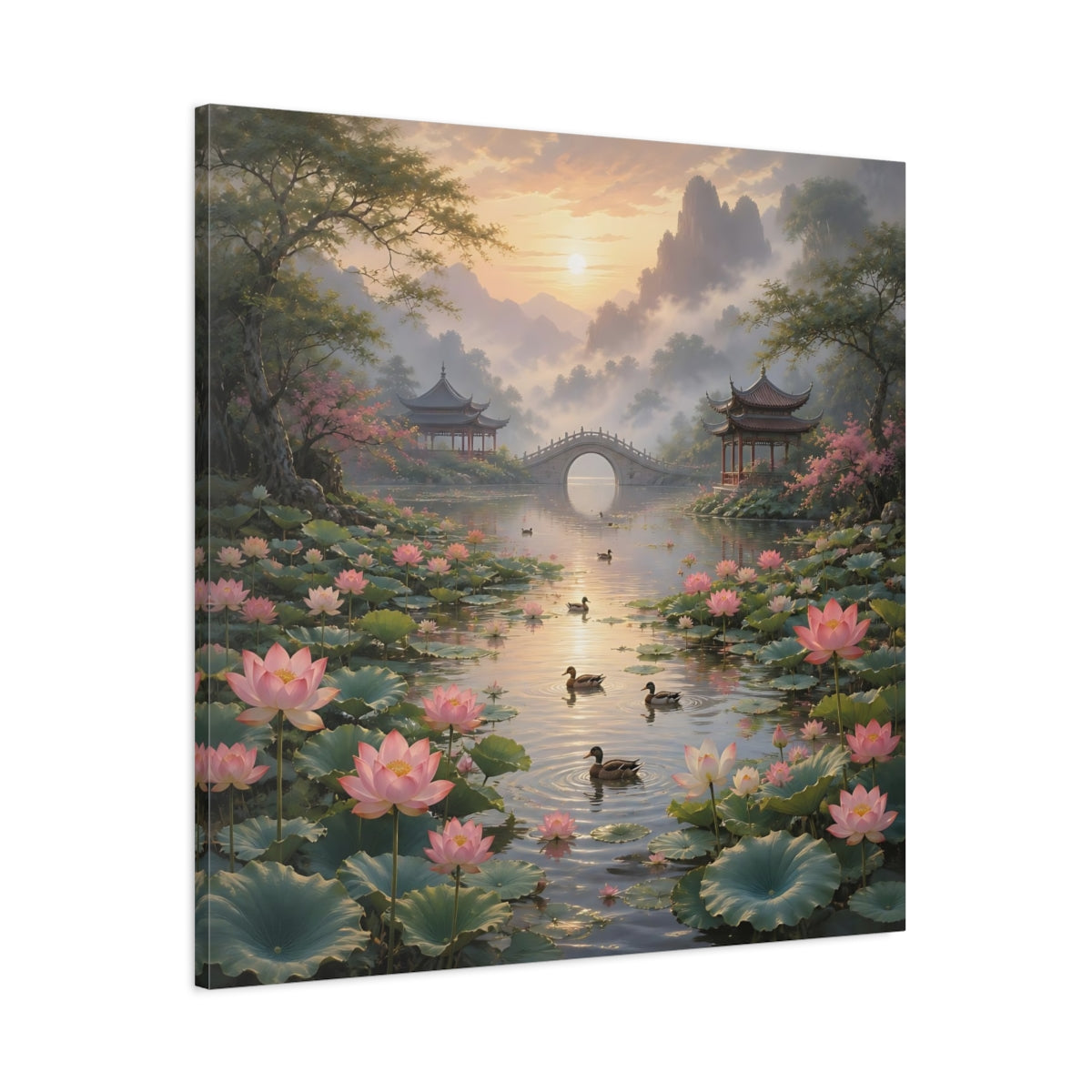 Main Mockup. Nature Lotus Pond Pink Lotus Landscape shown as stretched canvas wall art