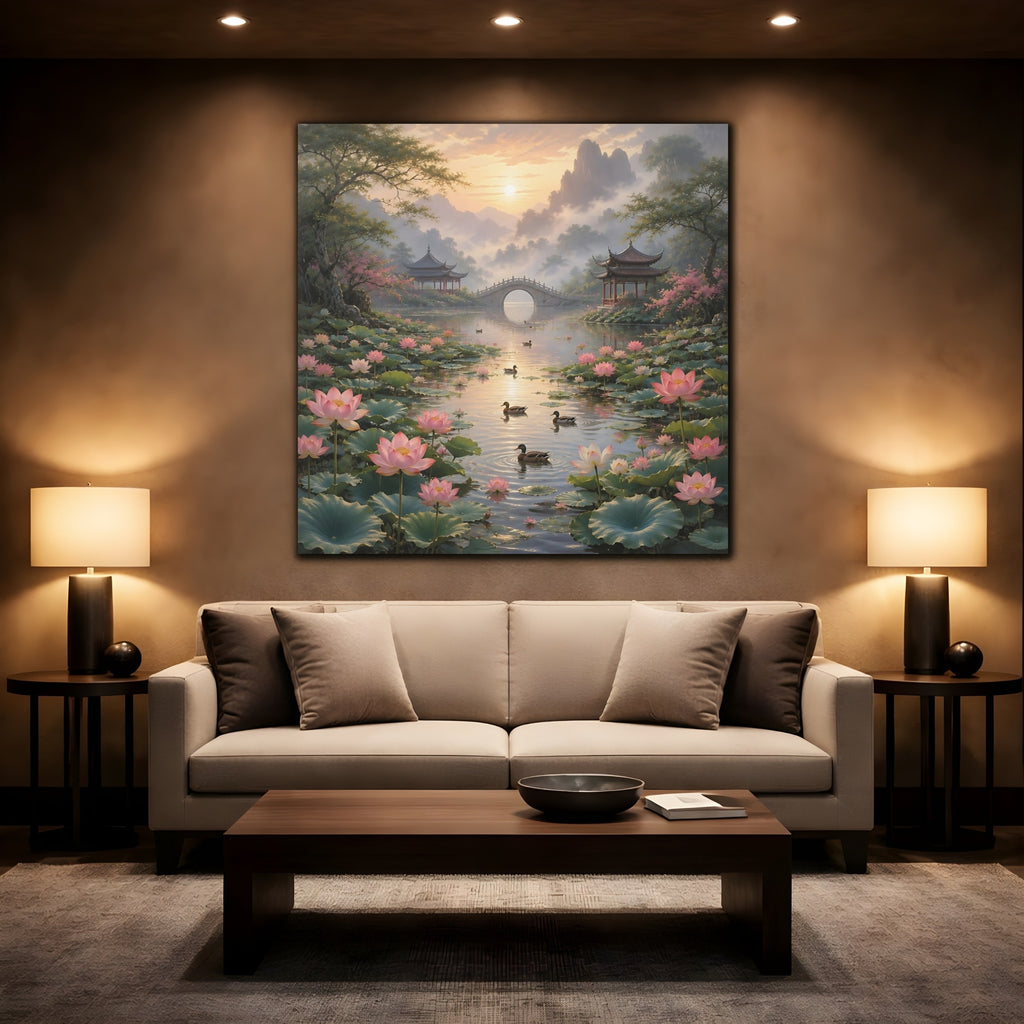 Mockup 2. Nature Lotus Pond Pink Lotus Landscape shown as stretched canvas wall art