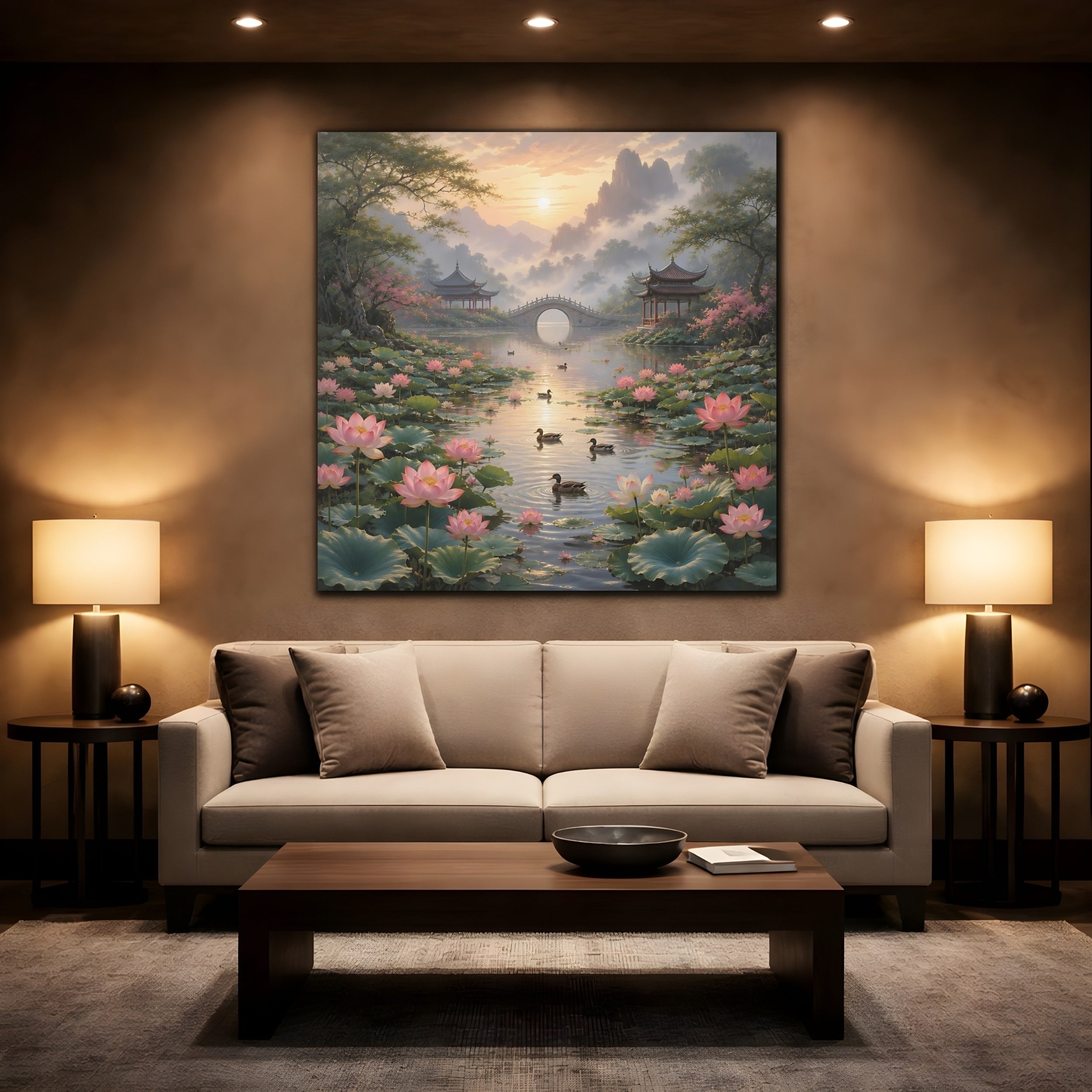 Mockup 2. Nature Lotus Pond Pink Lotus Landscape shown as stretched canvas wall art