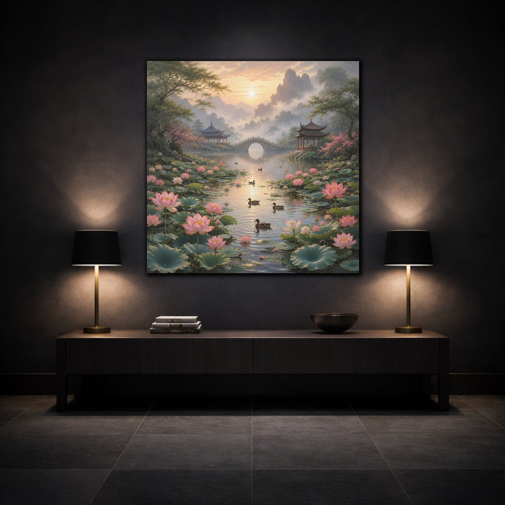 Mockup 3. Nature Lotus Pond Pink Lotus Landscape shown as stretched canvas wall art
