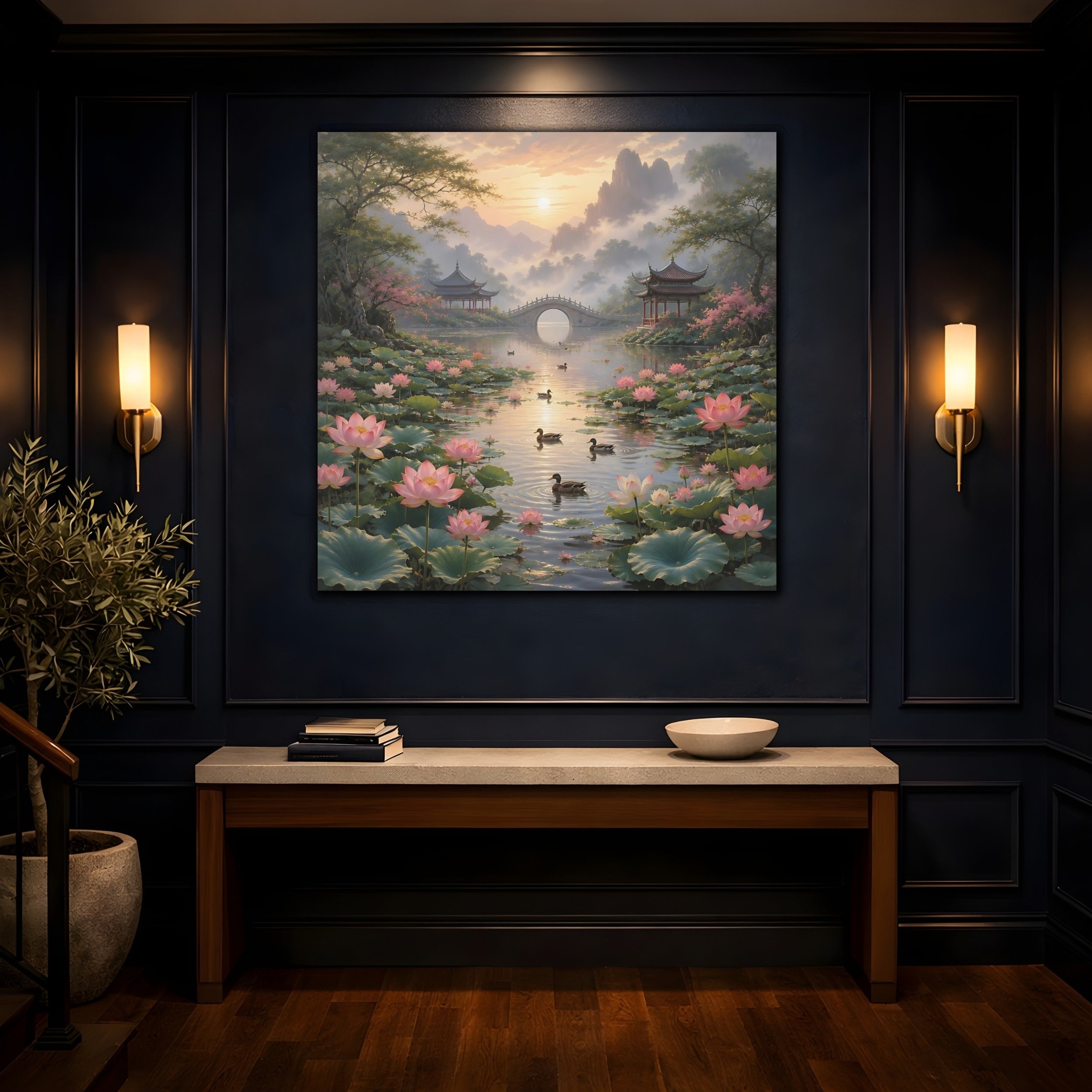 Mockup 4. Nature Lotus Pond Pink Lotus Landscape shown as stretched canvas wall art