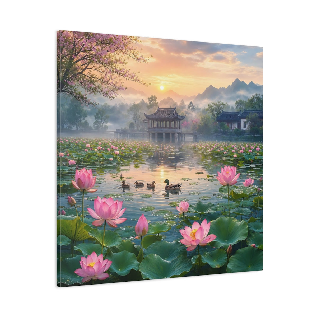Main Mockup. Nature Lotus Pond Pink Lotus Pond shown as stretched canvas wall art