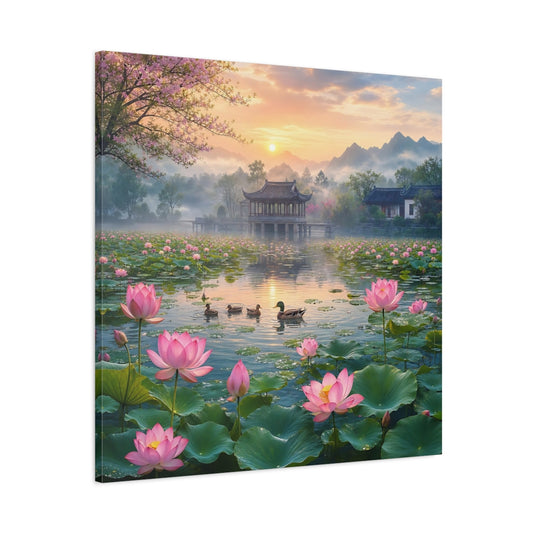 Main Mockup. Nature Lotus Pond Pink Lotus Pond shown as stretched canvas wall art