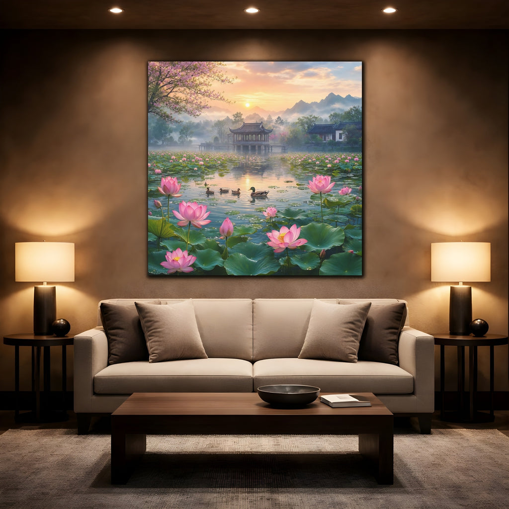 Mockup 2. Nature Lotus Pond Pink Lotus Pond shown as stretched canvas wall art