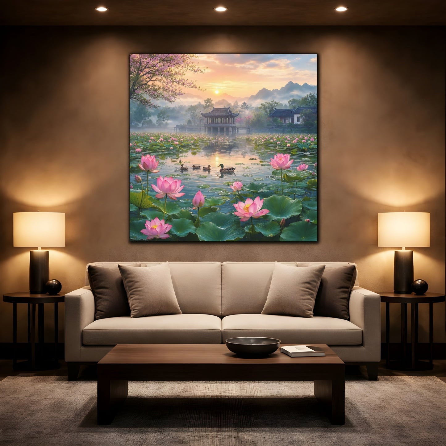 Mockup 2. Nature Lotus Pond Pink Lotus Pond shown as stretched canvas wall art