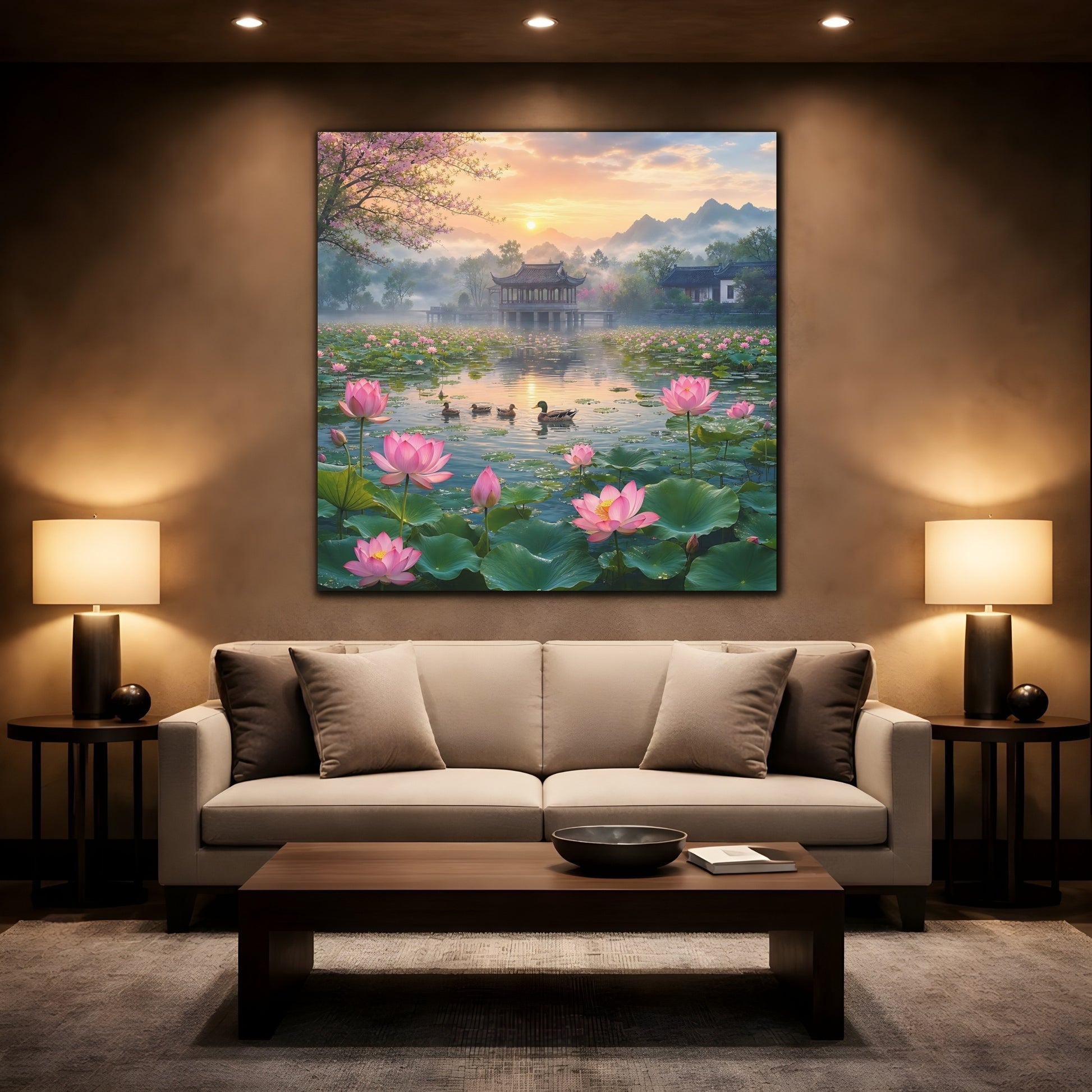 Mockup 2. Nature Lotus Pond Pink Lotus Pond shown as stretched canvas wall art