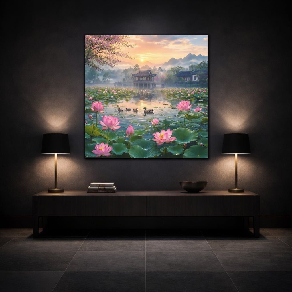 Mockup 3. Nature Lotus Pond Pink Lotus Pond shown as stretched canvas wall art