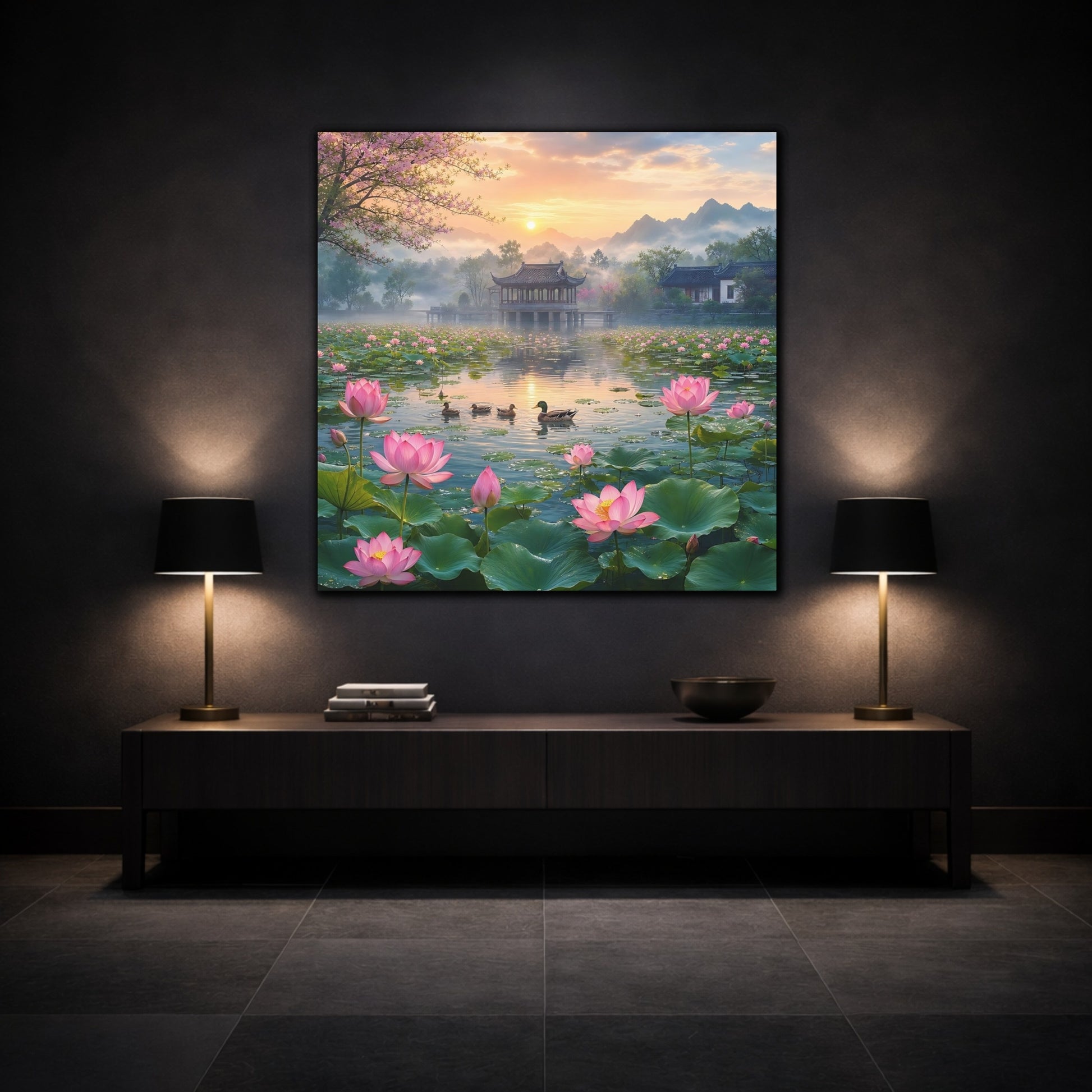 Mockup 3. Nature Lotus Pond Pink Lotus Pond shown as stretched canvas wall art