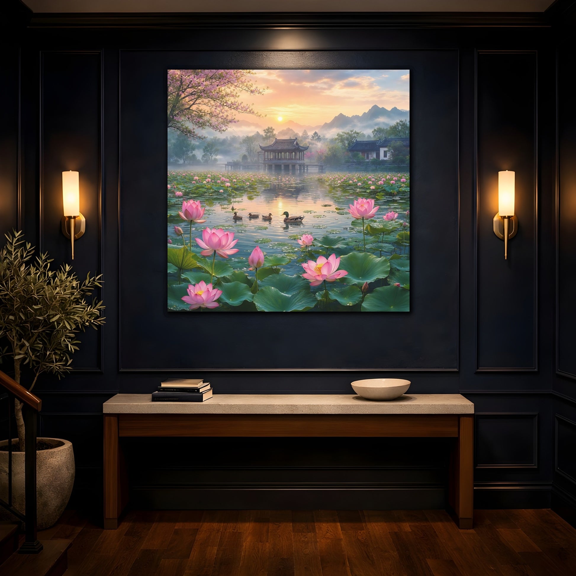 Mockup 4. Nature Lotus Pond Pink Lotus Pond shown as stretched canvas wall art
