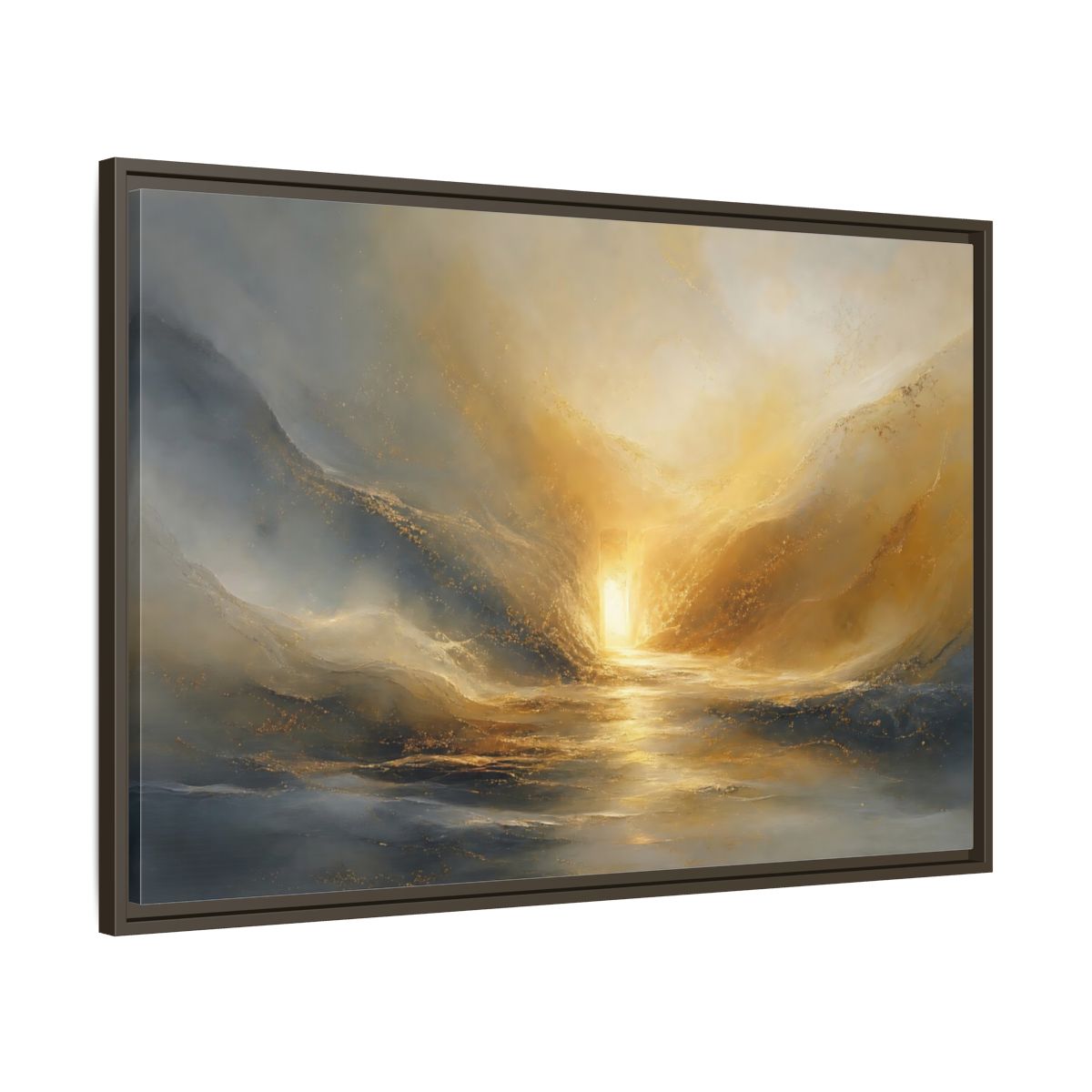 Main Mockup. Nature Luminous Path Gold And Gray shown as stretched canvas wall art