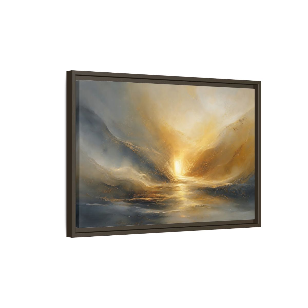 Side Mockup 2. Nature Luminous Path Gold And Gray shown as stretched canvas wall art