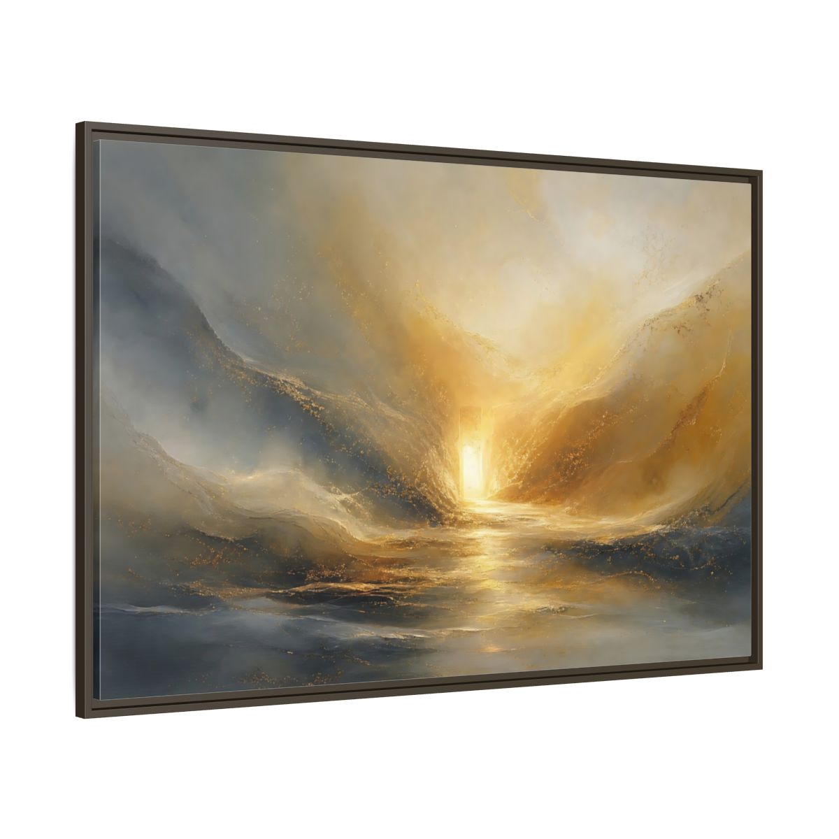 Side Mockup 8. Nature Luminous Path Gold And Gray shown as stretched canvas wall art