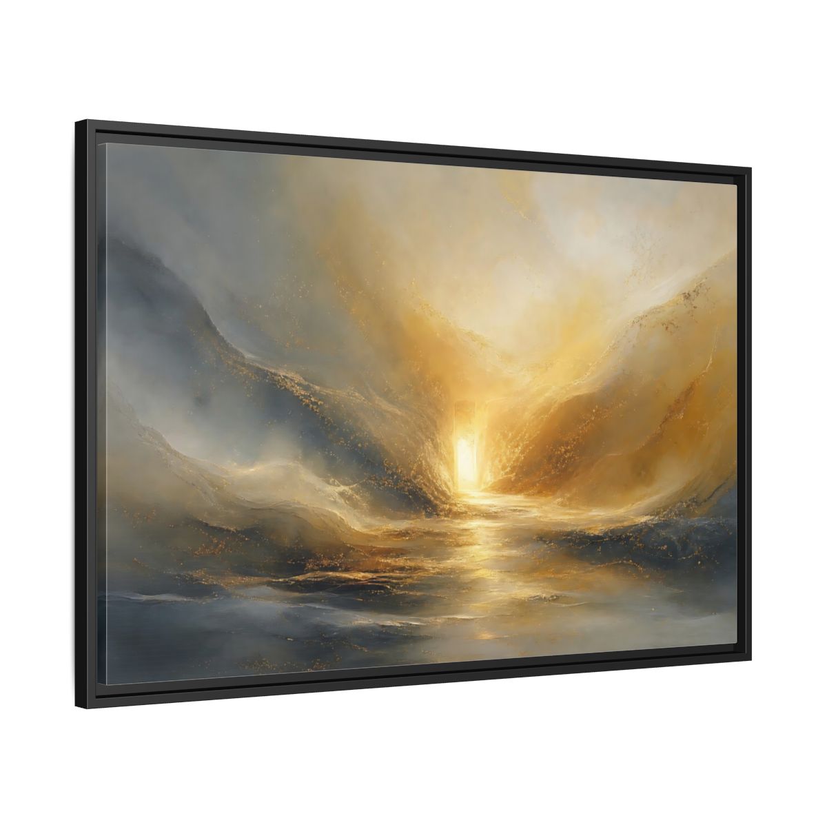 Side Mockup 13. Nature Luminous Path Gold And Gray shown as stretched canvas wall art
