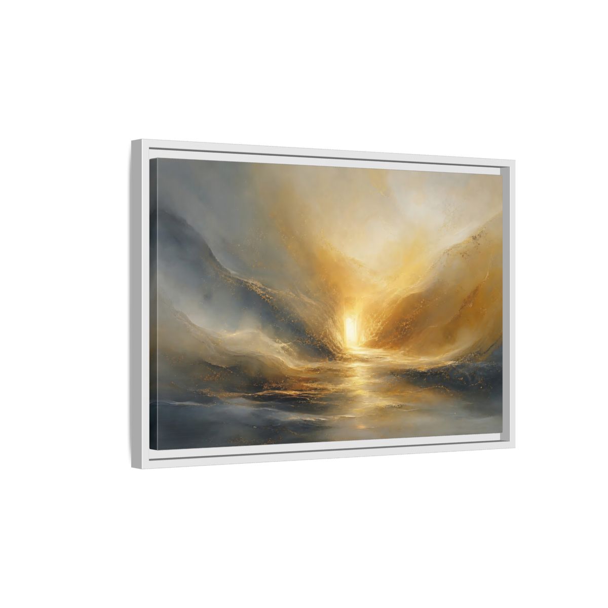 Side Mockup 1. Nature Luminous Path Gold And Gray shown as stretched canvas wall art
