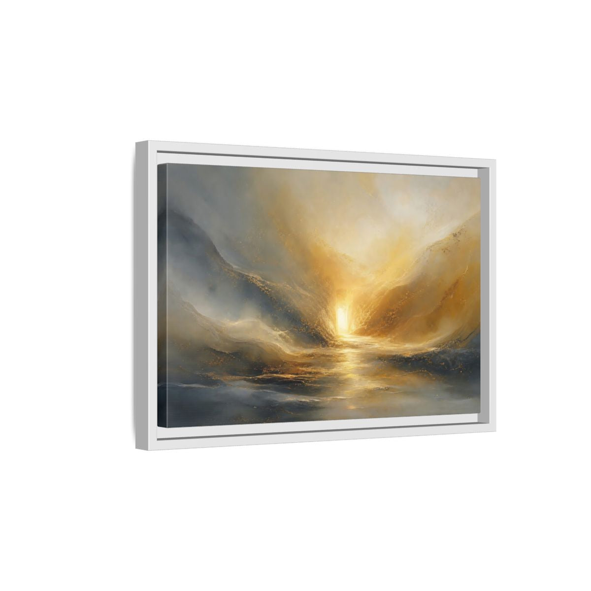 Side Mockup 4. Nature Luminous Path Gold And Gray shown as stretched canvas wall art