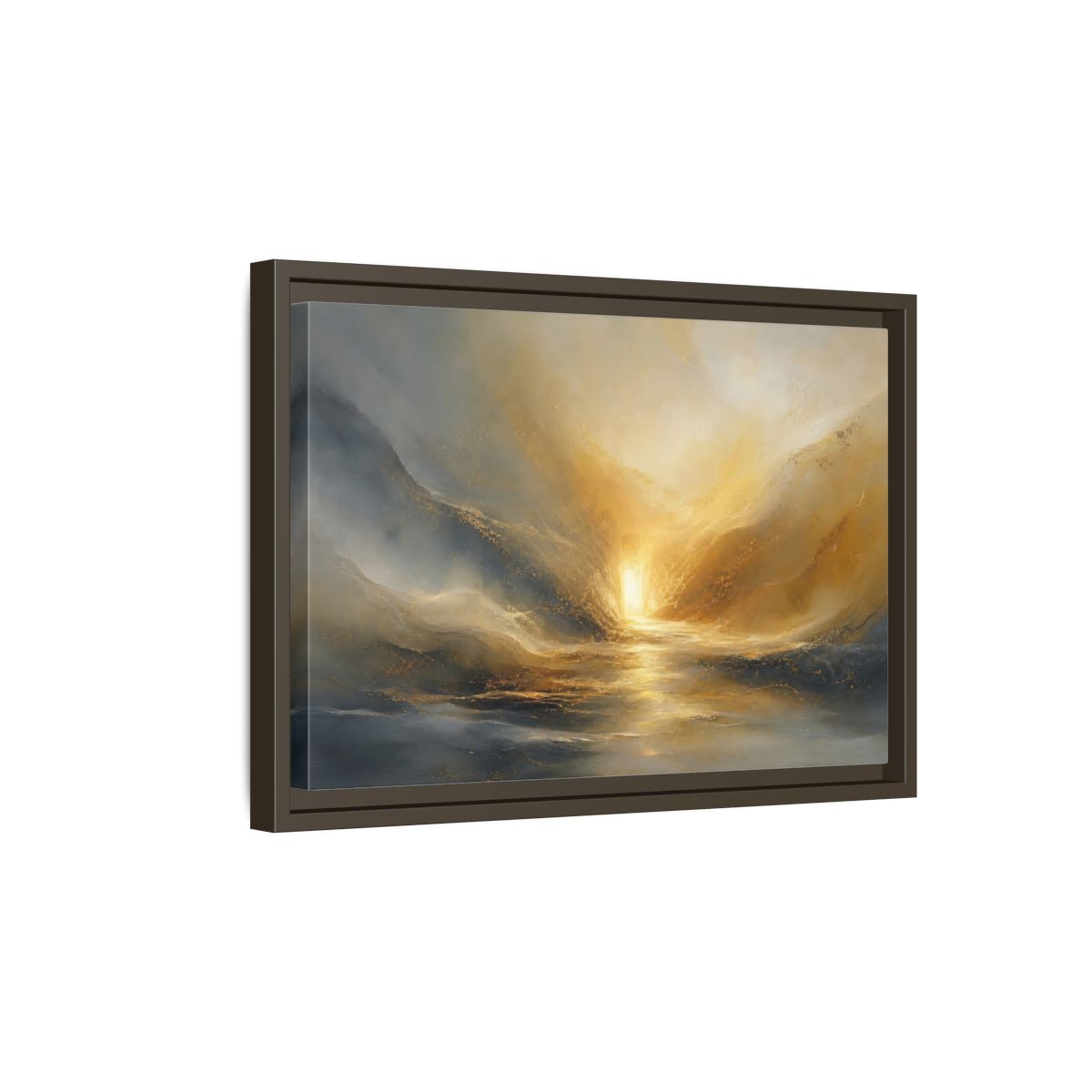 Side Mockup 5. Nature Luminous Path Gold And Gray shown as stretched canvas wall art