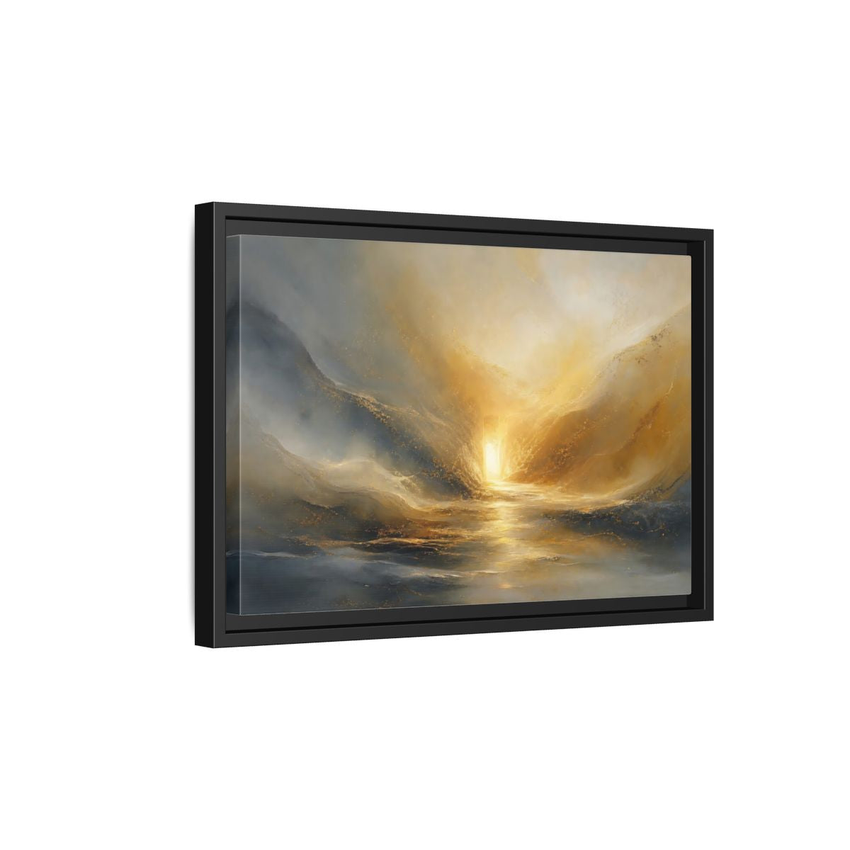 Side Mockup 6. Nature Luminous Path Gold And Gray shown as stretched canvas wall art