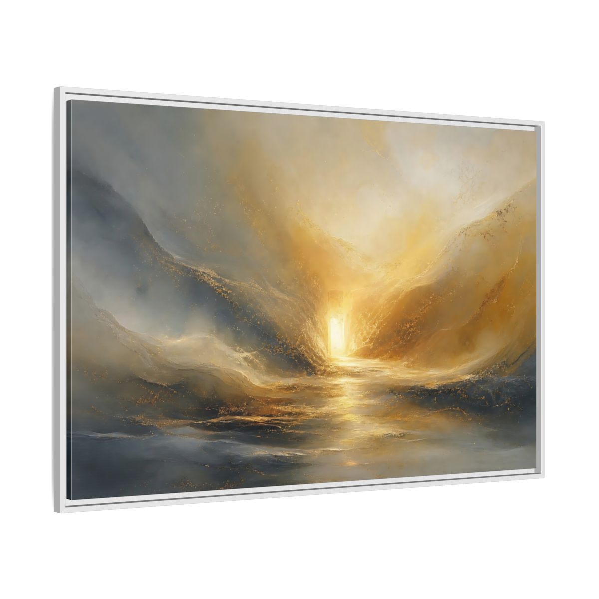 Side Mockup 7. Nature Luminous Path Gold And Gray shown as stretched canvas wall art