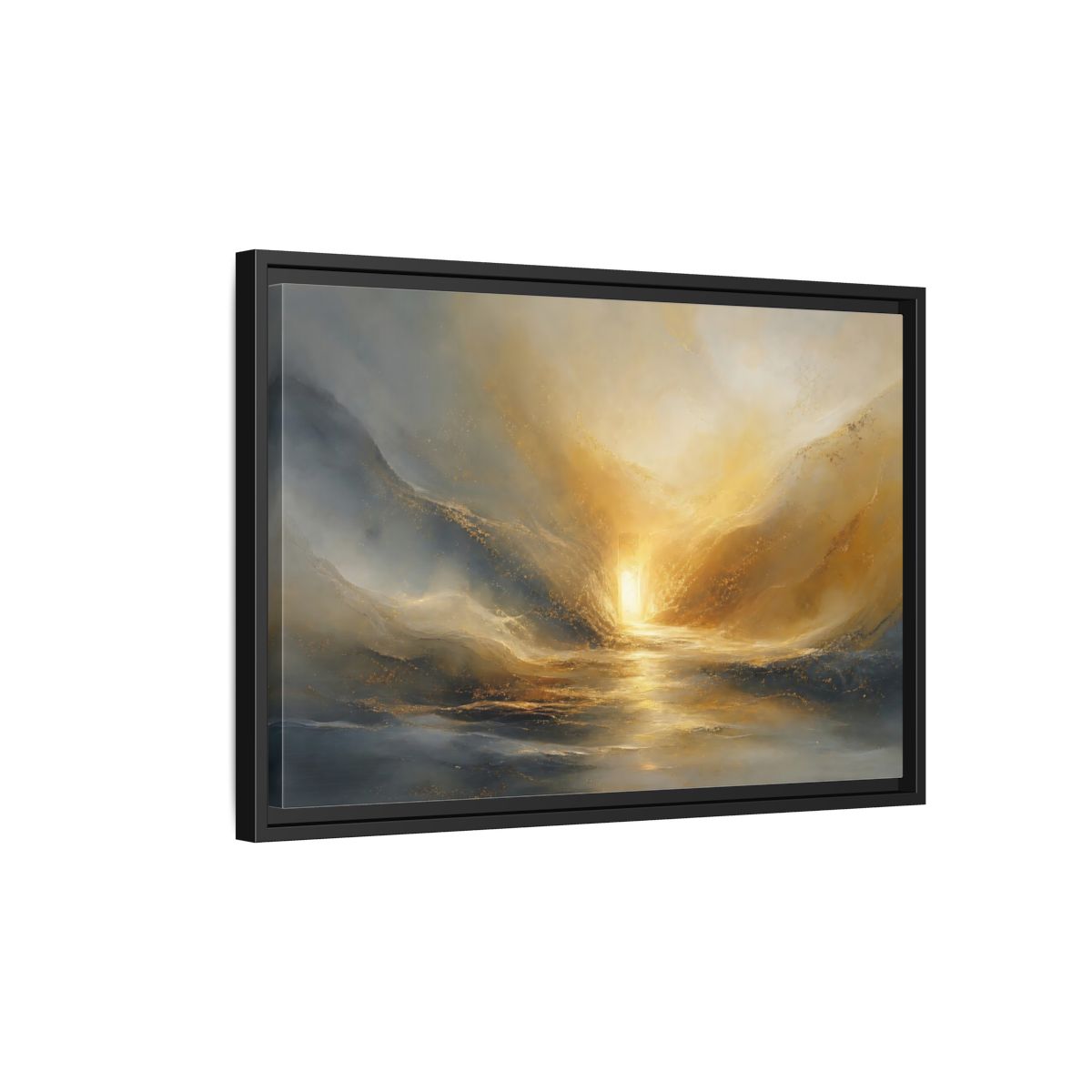 Side Mockup 3. Nature Luminous Path Gold And Gray shown as stretched canvas wall art