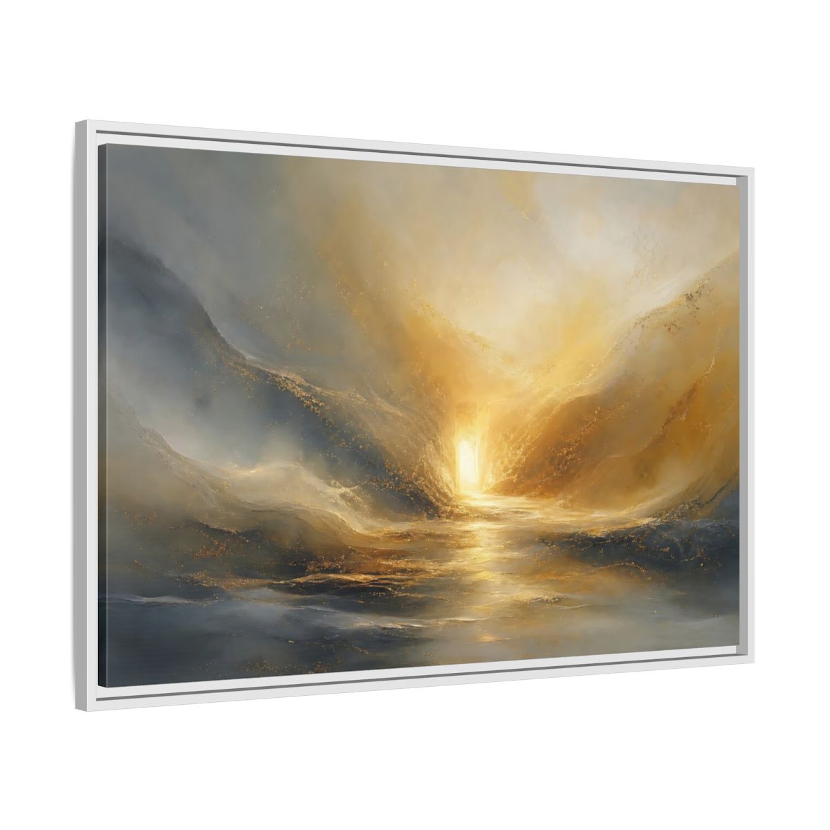 Side Mockup 9. Nature Luminous Path Gold And Gray shown as stretched canvas wall art