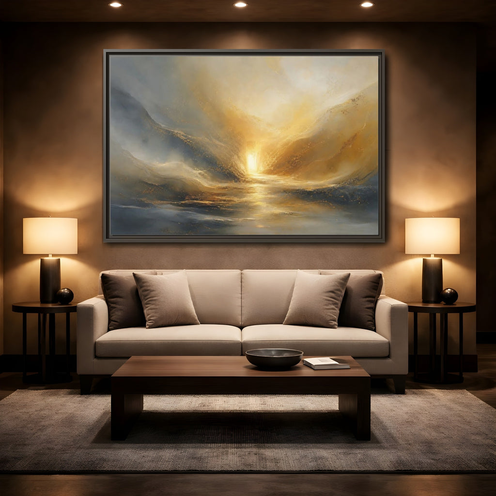Mockup 2. Nature Luminous Path Gold And Gray shown as stretched canvas wall art