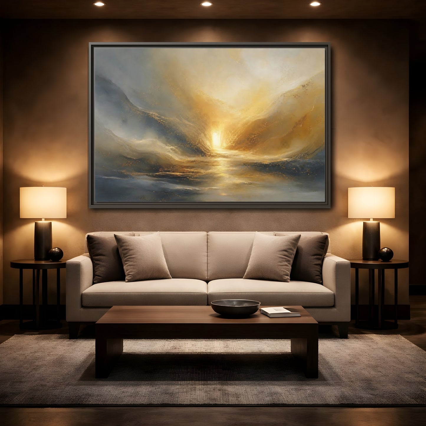 Mockup 2. Nature Luminous Path Gold And Gray shown as stretched canvas wall art