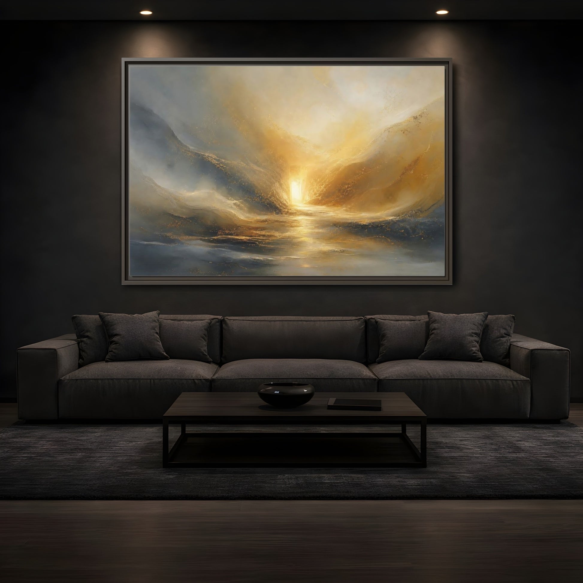 Mockup 3. Nature Luminous Path Gold And Gray shown as stretched canvas wall art