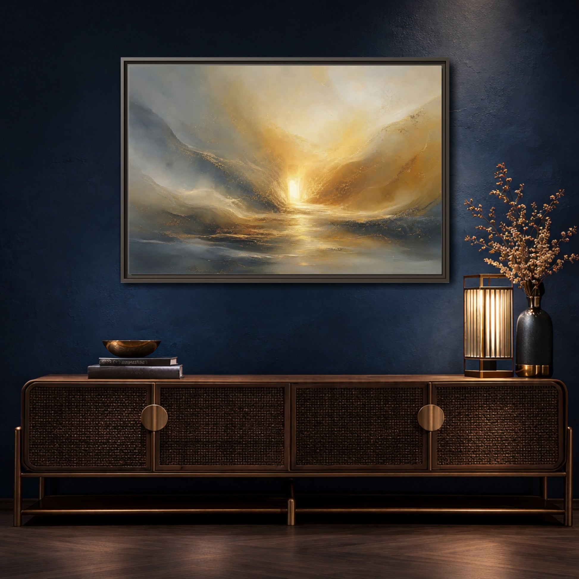 Mockup 4. Nature Luminous Path Gold And Gray shown as stretched canvas wall art