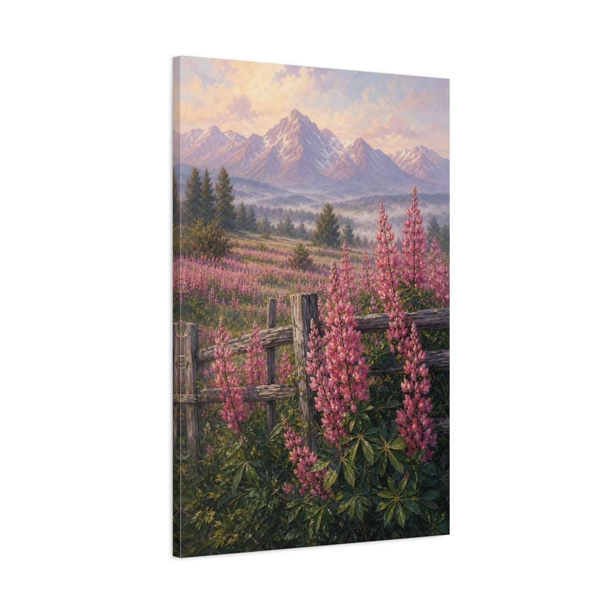 Main Mockup. Nature Lupin Flowers Pink Lupin Mountains shown as stretched canvas wall art