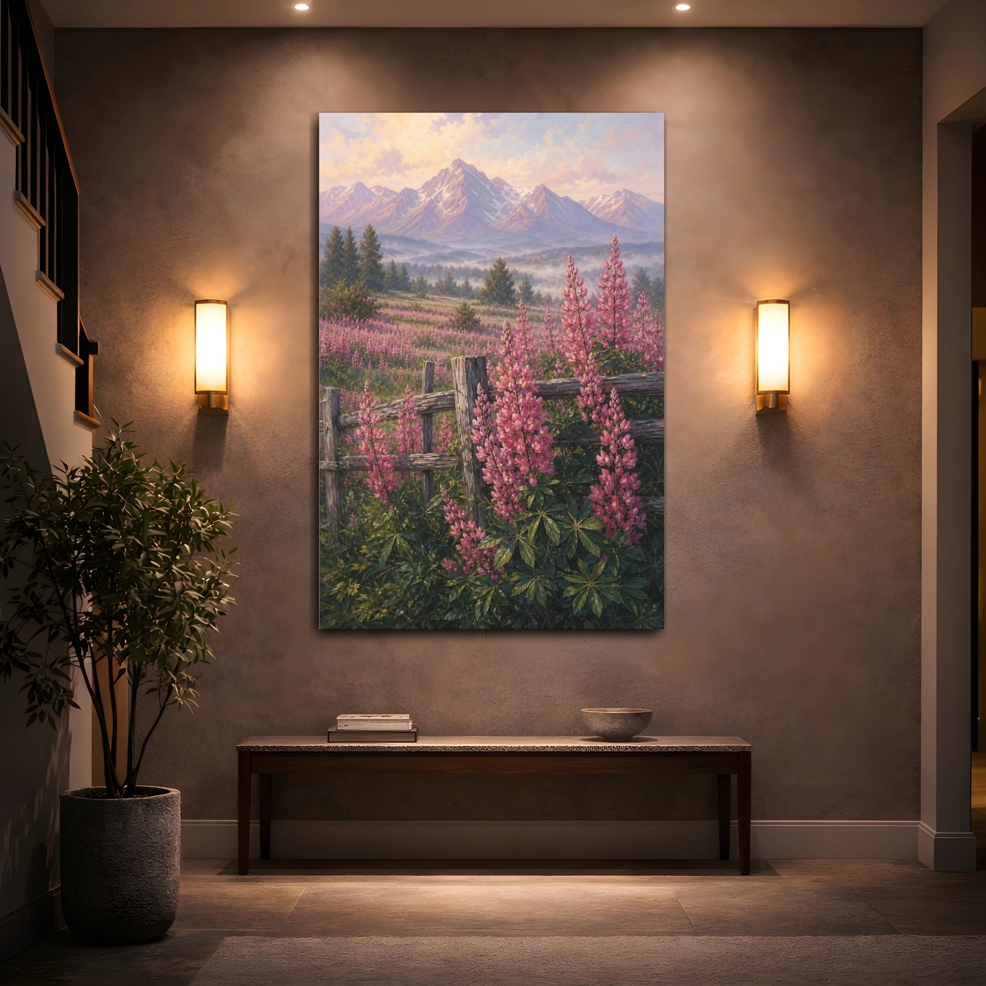 Mockup 2. Nature Lupin Flowers Pink Lupin Mountains shown as stretched canvas wall art