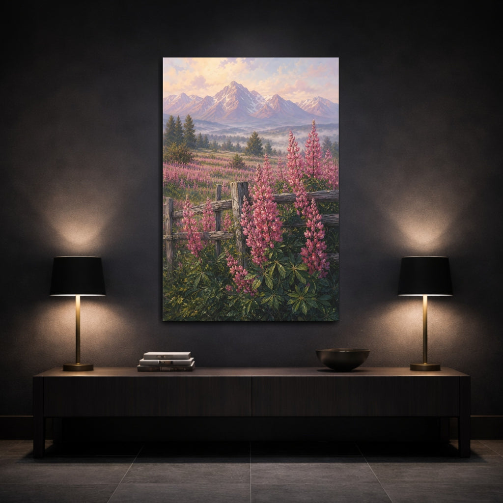 Mockup 3. Nature Lupin Flowers Pink Lupin Mountains shown as stretched canvas wall art