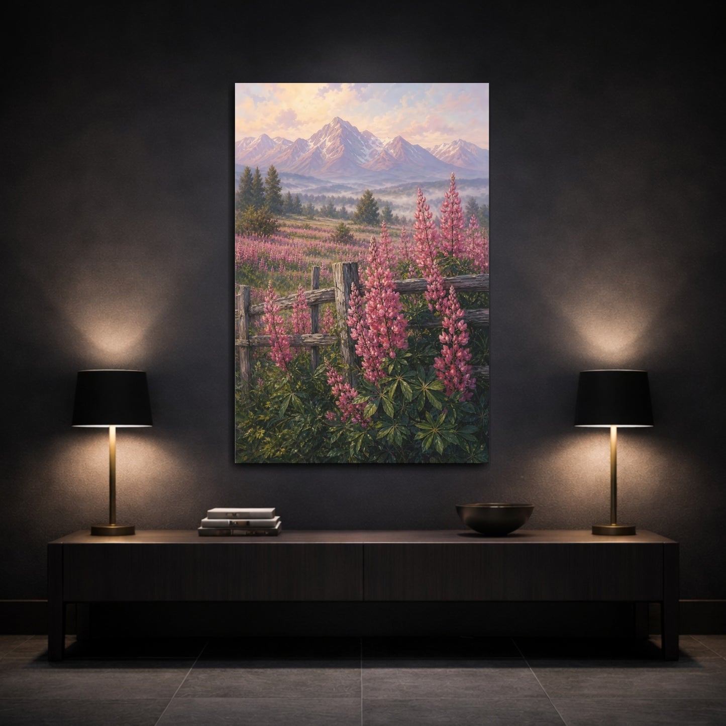 Mockup 3. Nature Lupin Flowers Pink Lupin Mountains shown as stretched canvas wall art