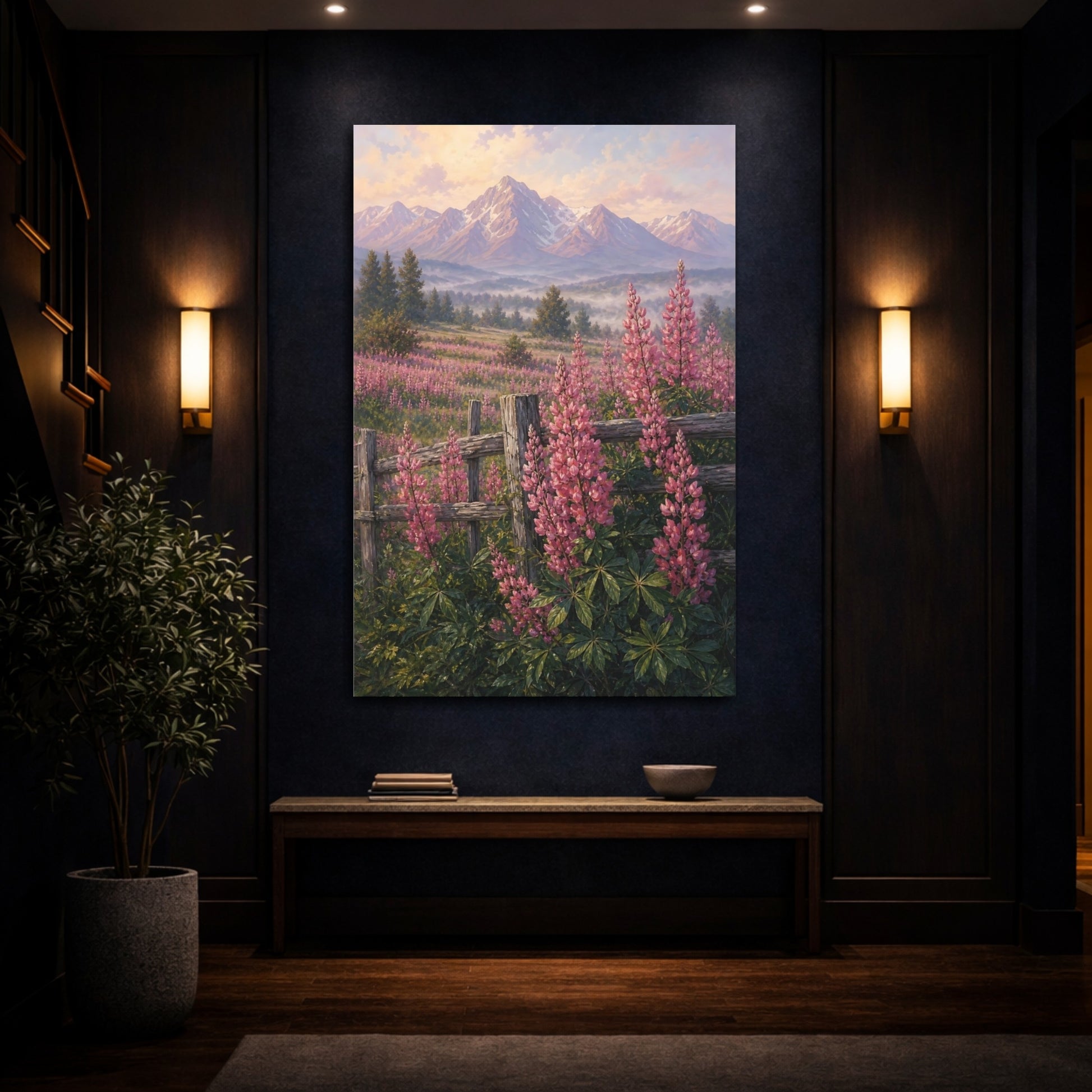 Mockup 4. Nature Lupin Flowers Pink Lupin Mountains shown as stretched canvas wall art