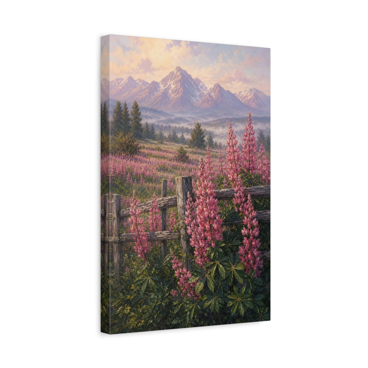 Side Mockup 4. Nature Lupin Flowers Pink Lupin Mountains shown as stretched canvas wall art