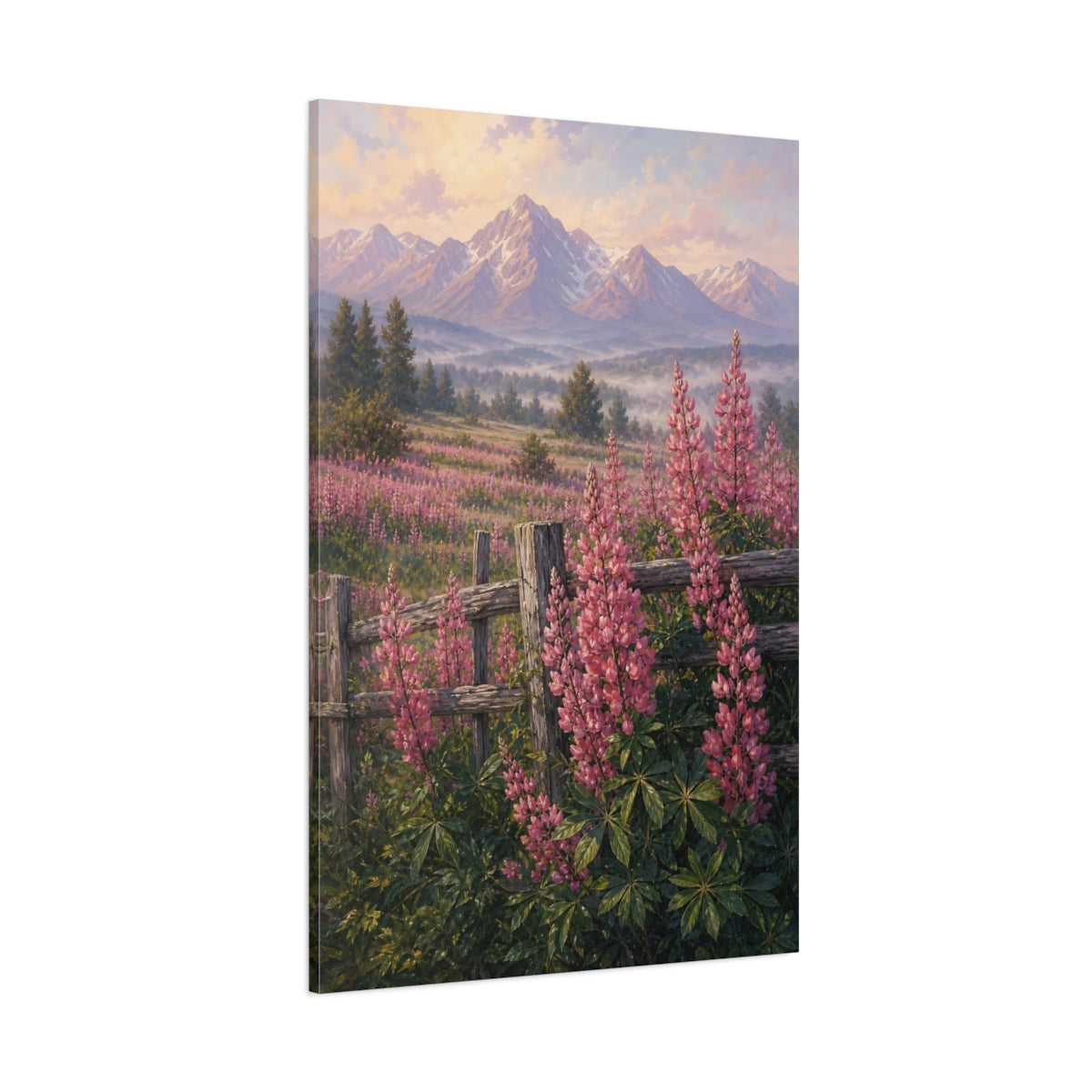 Side Mockup 1. Nature Lupin Flowers Pink Lupin Mountains shown as stretched canvas wall art