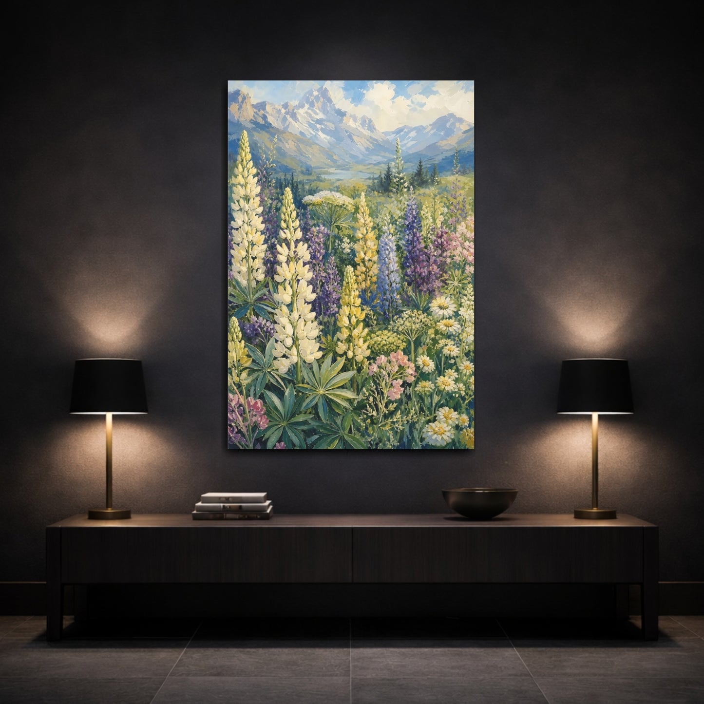 Mockup 3. Nature Lupine Field Colorful Wildflower Meadow shown as stretched canvas wall art