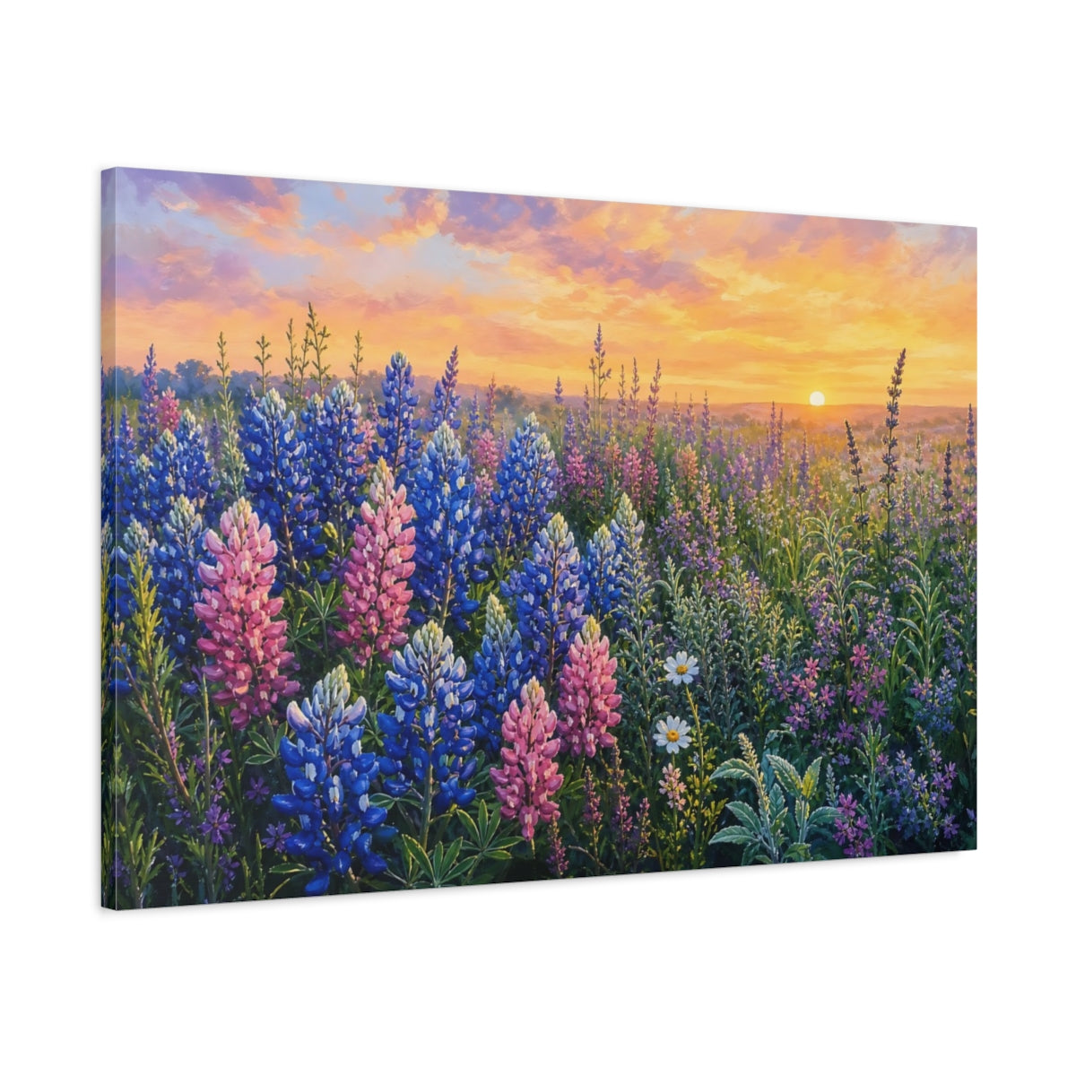 Main Mockup. Nature Lupine Field Lupine Sunset shown as stretched canvas wall art
