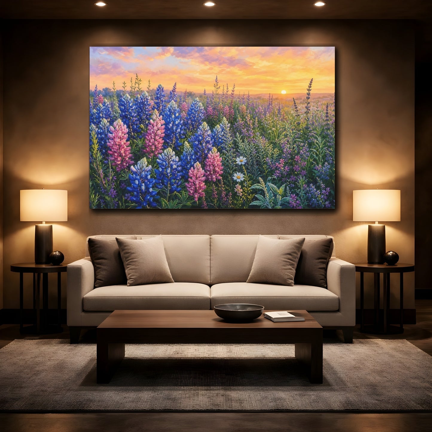 Mockup 2. Nature Lupine Field Lupine Sunset shown as stretched canvas wall art