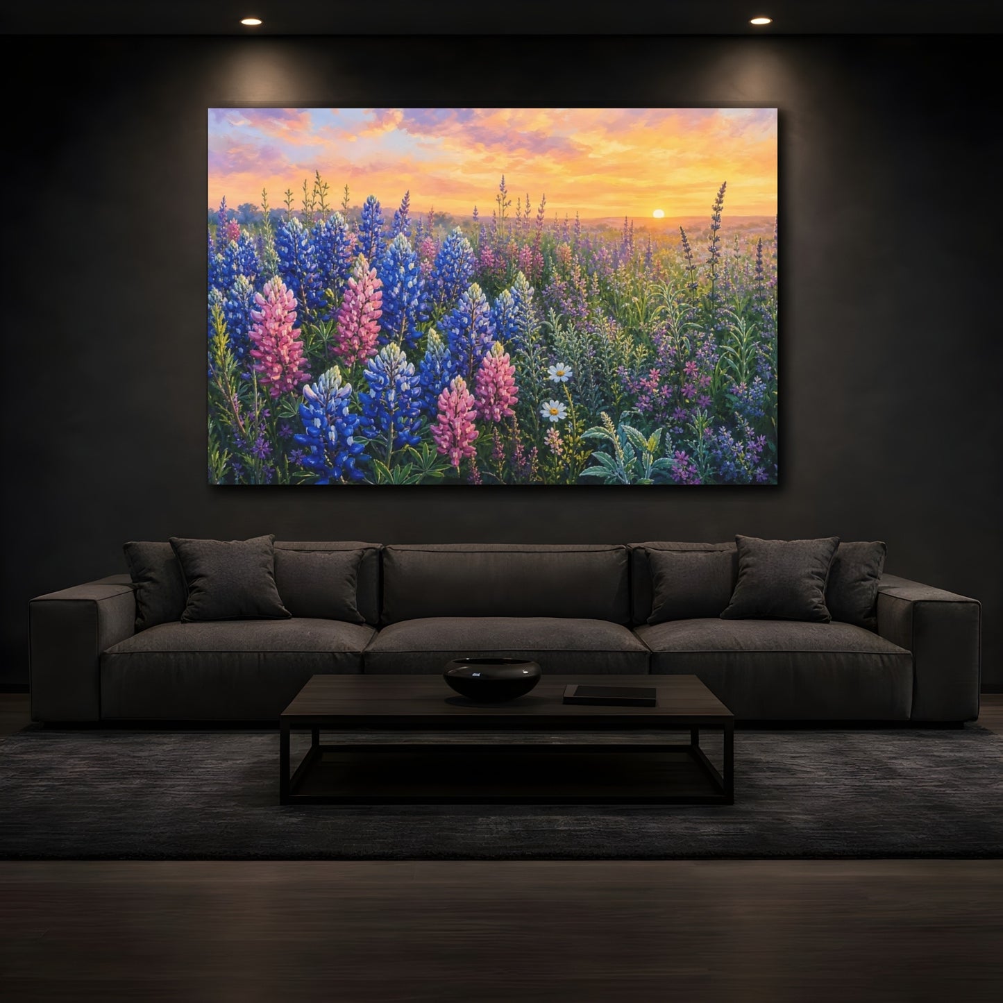 Mockup 3. Nature Lupine Field Lupine Sunset shown as stretched canvas wall art
