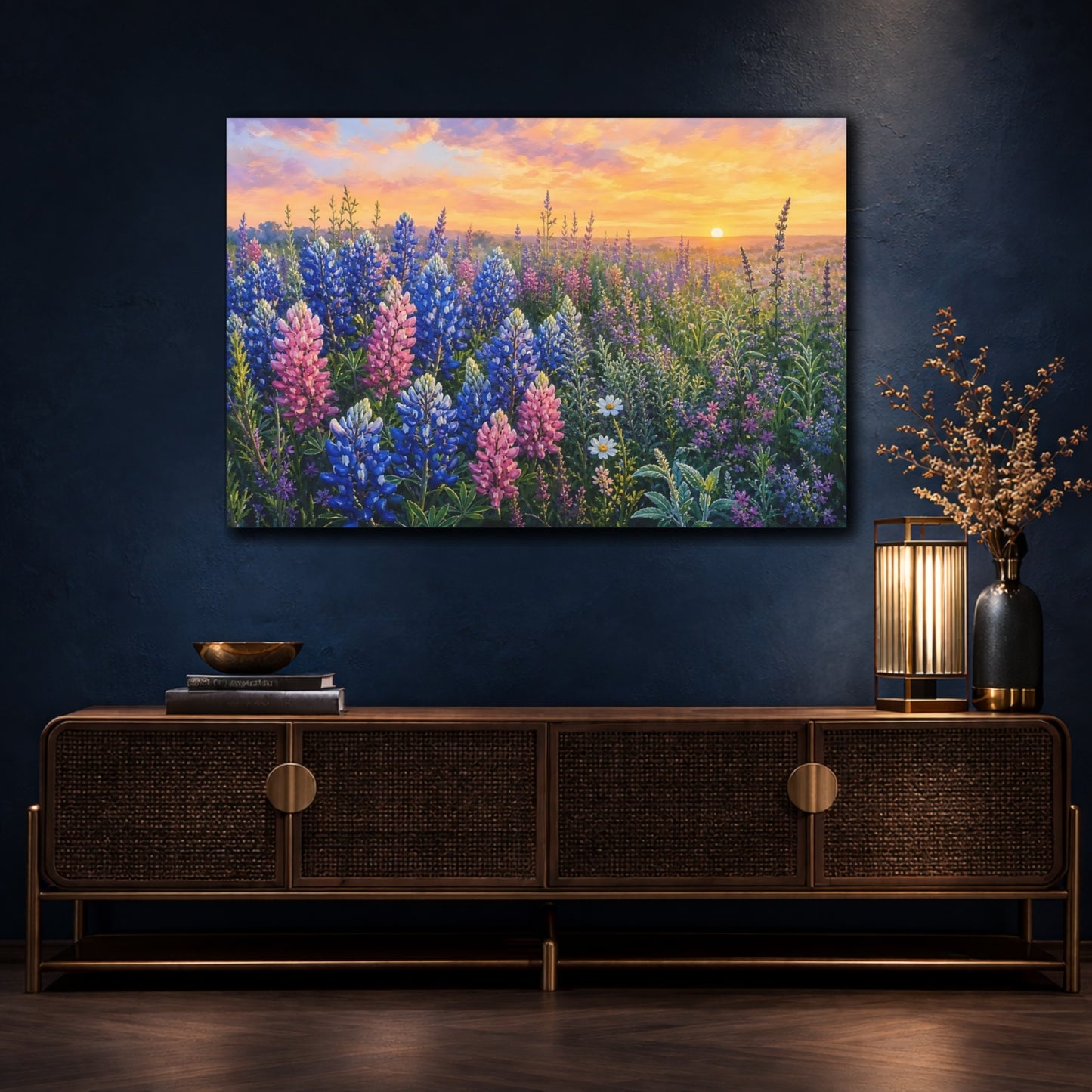 Mockup 4. Nature Lupine Field Lupine Sunset shown as stretched canvas wall art